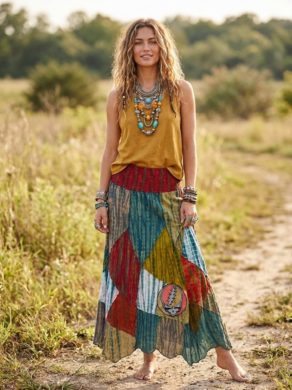 Grateful Dead Boho Tie Dye Patchwork Maxi Skirt RARE